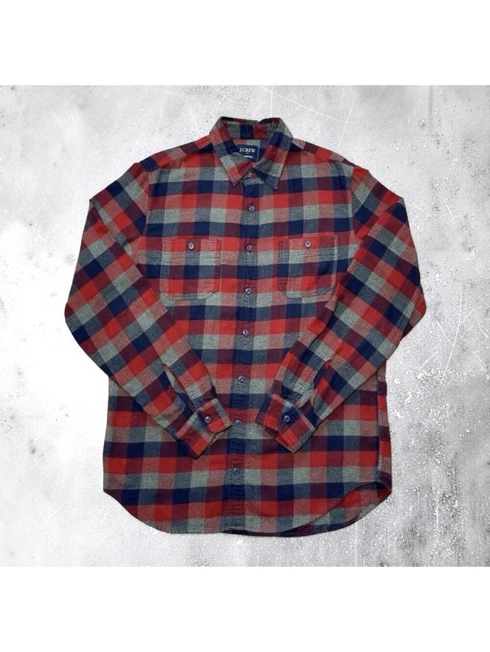 J. Crew Mens Flannel Shirt L Regular Plaid Red Navy Green Cotton Casual Pocket